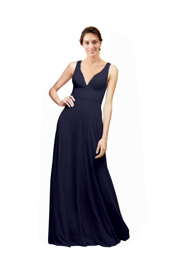 Open Back Dark Navy A-Line V-Neck Long Wedding Guest Dress Bolton