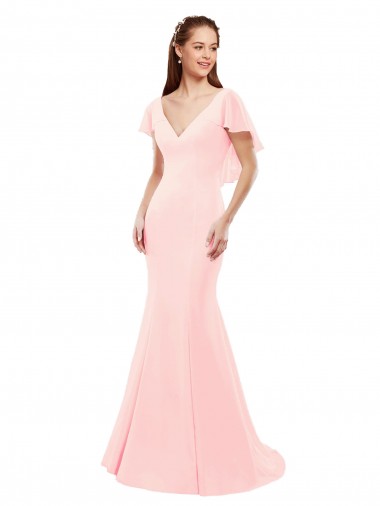 V-Back Pink Mermaid V-Neck Long Bridesmaid Dress Bolton