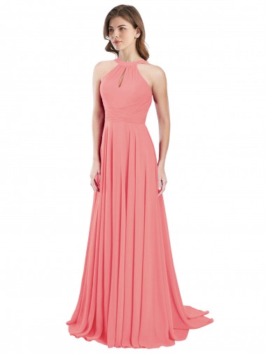 Open Back Watermelon A-Line Halter Neck Long Bridesmaid Dress / Evening Dress Bolton