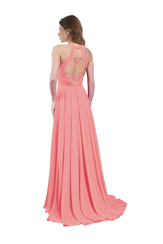 Open Back Watermelon A-Line Halter Neck Long Bridesmaid Dress / Evening Dress Bolton