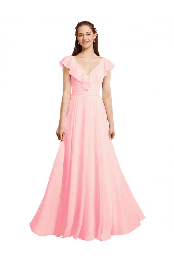 V-Back Pink A-Line V-Neck Long Bridesmaid Dress / Evening Gowns Bolton
