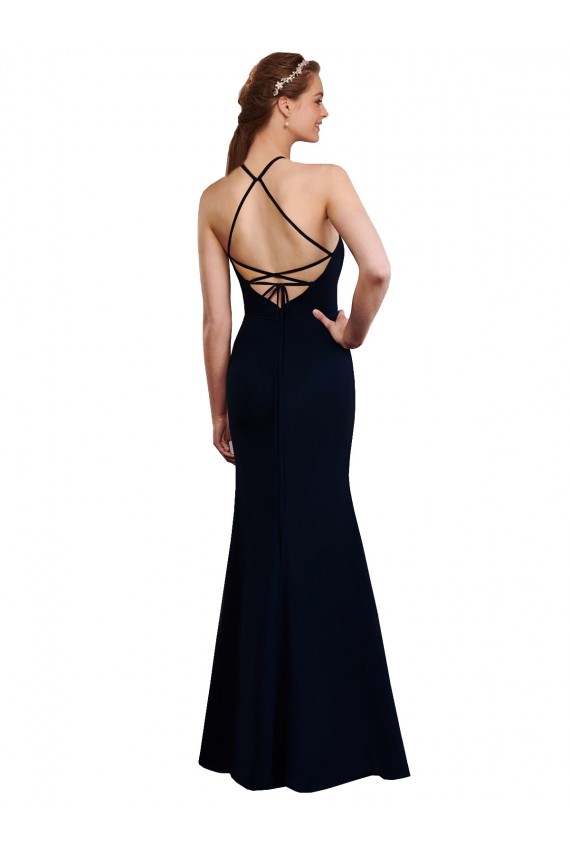 Open Back Dark Navy Mermaid Halter Neck Long Bridesmaid Dress Bolton