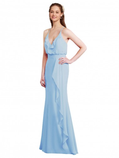 Open Back Light Sky Blue Mermaid V-Neck Long Bridesmaid Dress Bolton