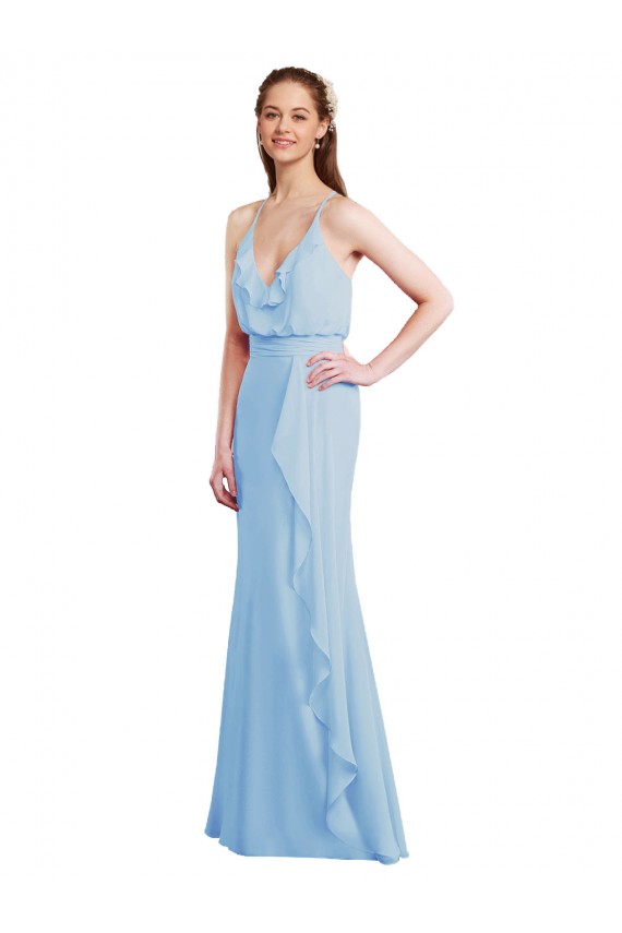 Open Back Light Sky Blue Mermaid V-Neck Long Bridesmaid Dress Bolton