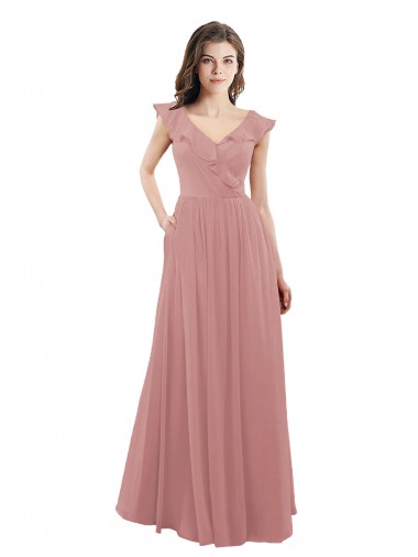 V-Back Dusty Pink A-Line V-Neck Long Bridesmaid Dress Bolton