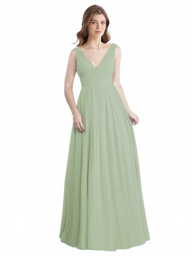 V-Back Smoke Green A-Line V-Neck Long Formal Dress / Bridesmaid Dress Bolton
