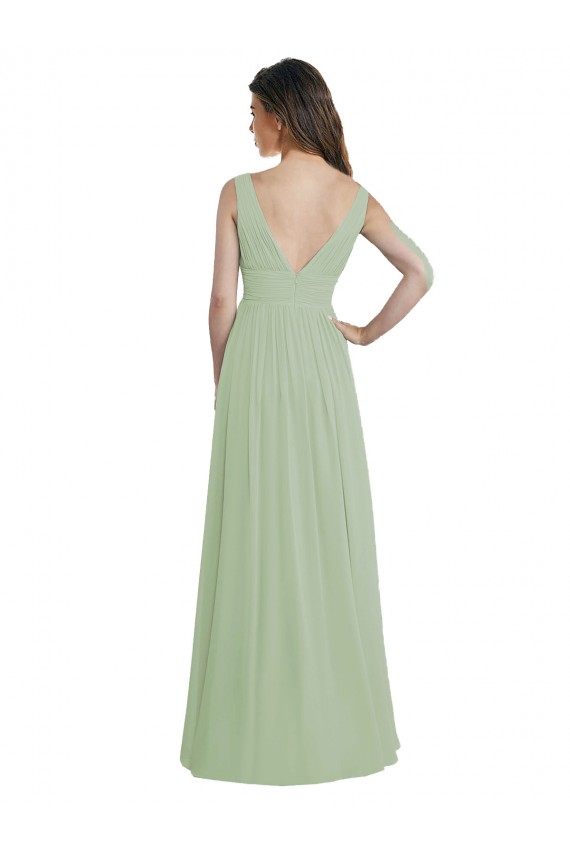 V-Back Smoke Green A-Line V-Neck Long Formal Dress / Bridesmaid Dress Bolton