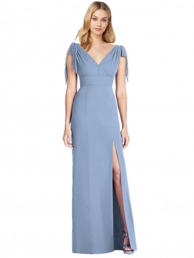 V-Back Dusty Blue Mermaid V-Neck Long Bridesmaid Dress Bolton