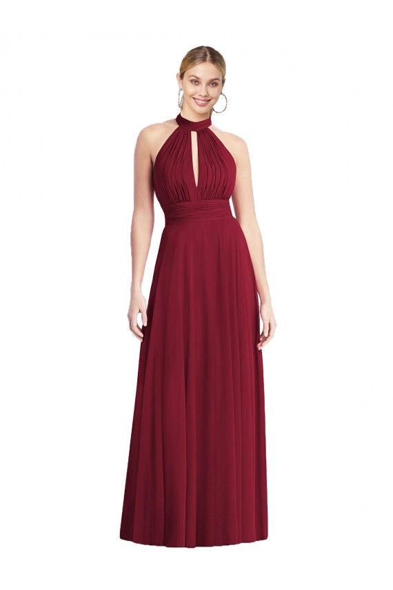 Open Back Burgundy A-Line High Neck Long Semi Formal Evening Dress / Bridesmaid Dress Bolton