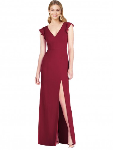 Tie Back Burgundy Mermaid V-Neck Long Bridesmaid Dress Bolton