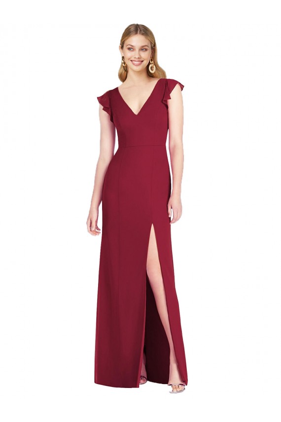 Tie Back Burgundy Mermaid V-Neck Long Bridesmaid Dress Bolton