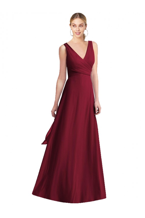 V-Back Burgundy A-Line V-Neck Long Floor Length Bridesmaid Dress Bolton