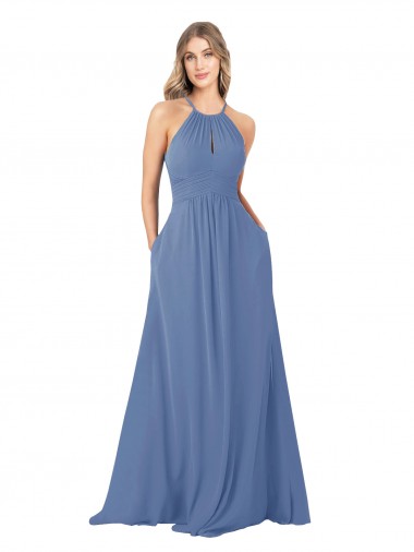 Keyhole Back Windsor Blue A-Line High Neck Long Bridesmaid Dress Bolton