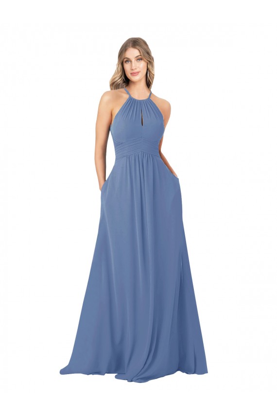 Keyhole Back Windsor Blue A-Line High Neck Long Bridesmaid Dress Bolton