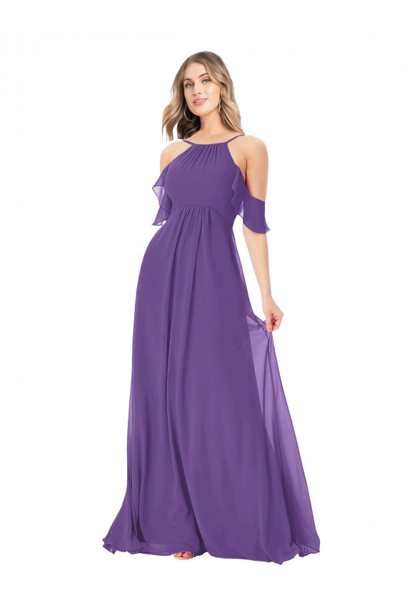 Plum Purple A-Line High Neck Long Bridesmaid Dress Bolton