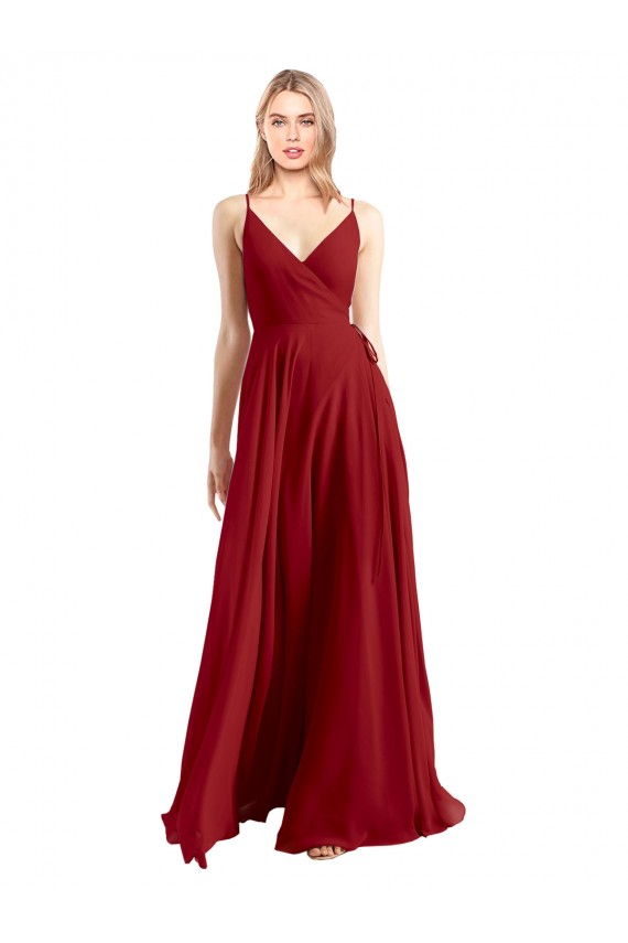 V-Back Red A-Line V-Neck Sleeveless Long Bridesmaid Dress Bolton