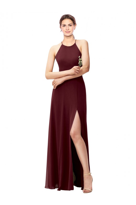 Open Back Burgundy Gold A-Line High Neck Long Bridesmaid Dress Bolton