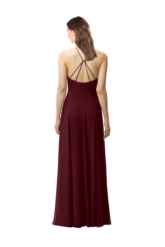 Open Back Burgundy Gold A-Line High Neck Long Bridesmaid Dress Bolton