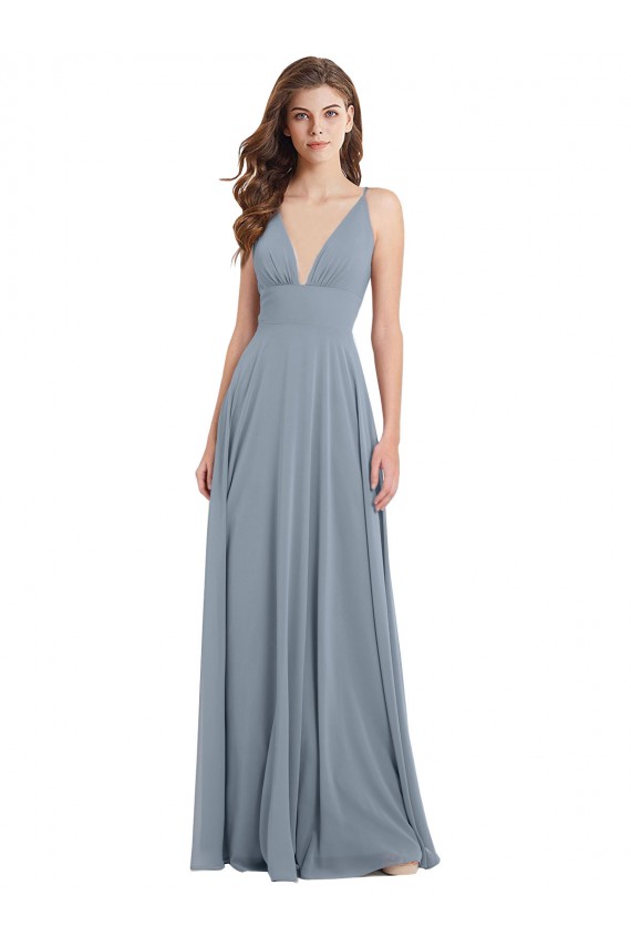 V-Back Dusty Blue A-Line V-Neck Long Bridesmaid Dress / Evening Gowns Bolton