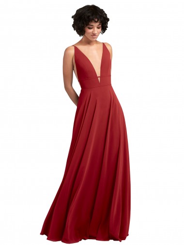 V-Back Red A-Line V-Neck Long Bridesmaid Dress Bolton