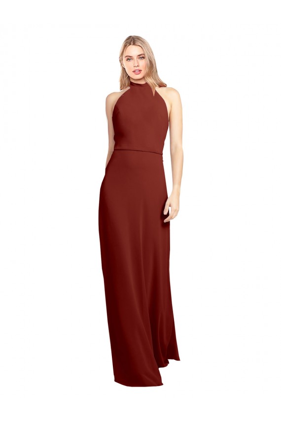 Open Back Burgundy A-Line High Neck Long Prom Dress / Bridesmaid Dress Bolton