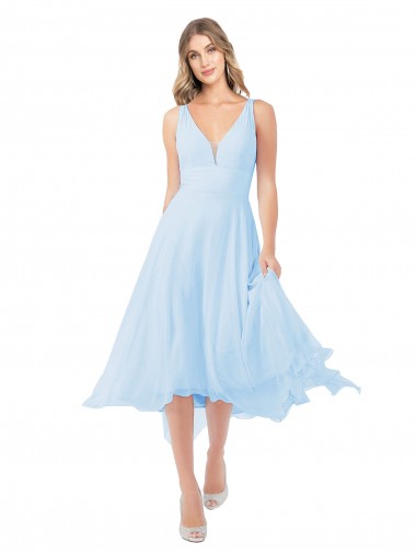 Keyhole Back Light Sky Blue A-Line V-Neck Midi Length Bridesmaid Dress Bolton
