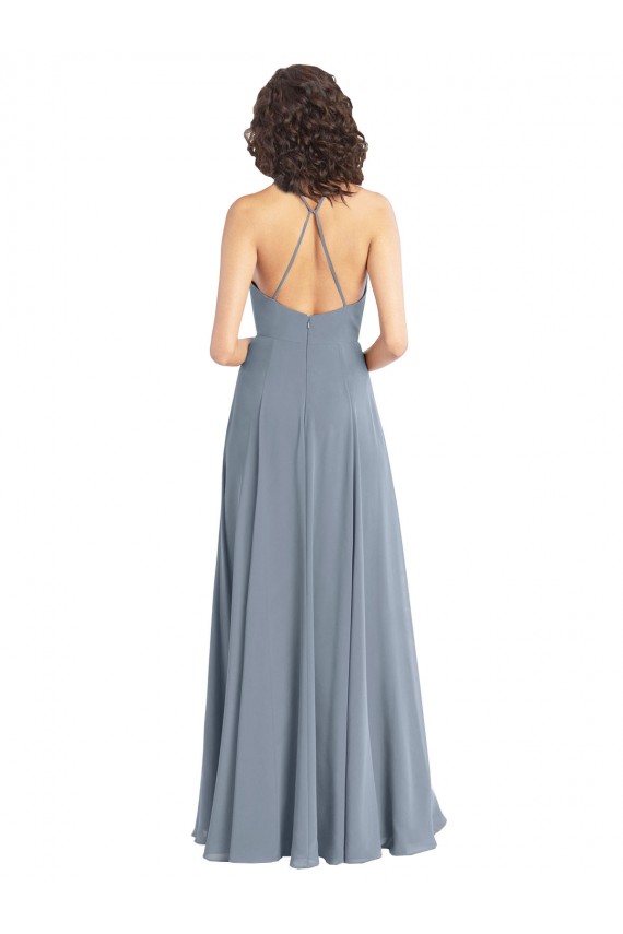 V-Back Dusty Blue A-Line Cowl Neck Long Bridesmaid Dress Bolton