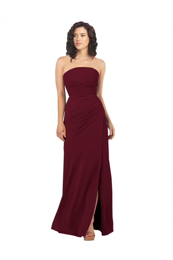 Burgundy Sheath Strapless Long Bridesmaid Dress Bolton