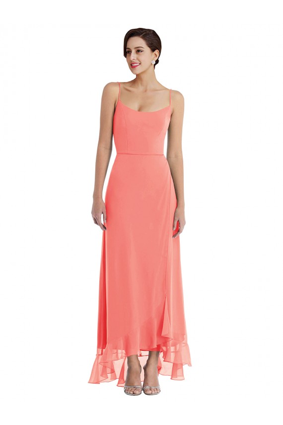 Coral A-Line Scoop Neck Long High Low Bridesmaid Dress Bolton