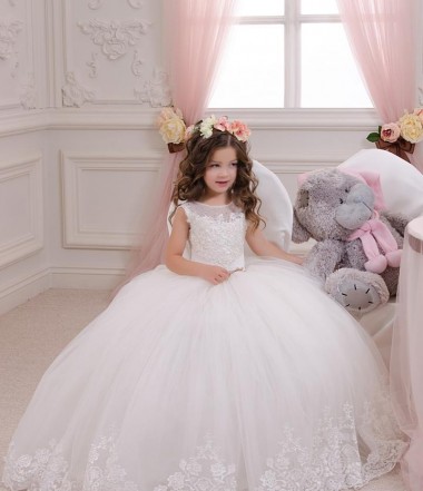 Ivory Ball Gown Bateau Neck Chapel Train Flower Girl Wedding Dress Bolton