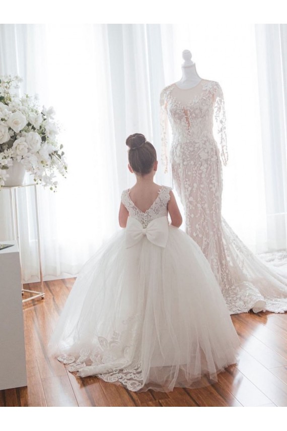 Ivory Ball Gown Bateau Neck Chapel Train Flower Girl Dress Bolton