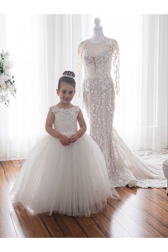Ivory Ball Gown Bateau Neck Chapel Train Flower Girl Dress Bolton