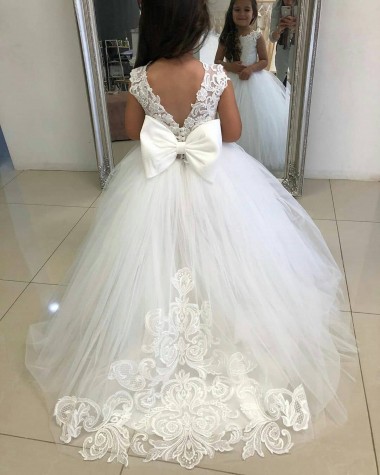 Ivory Ball Gown Bateau Neck Chapel Train Flower Girl Dress Bolton