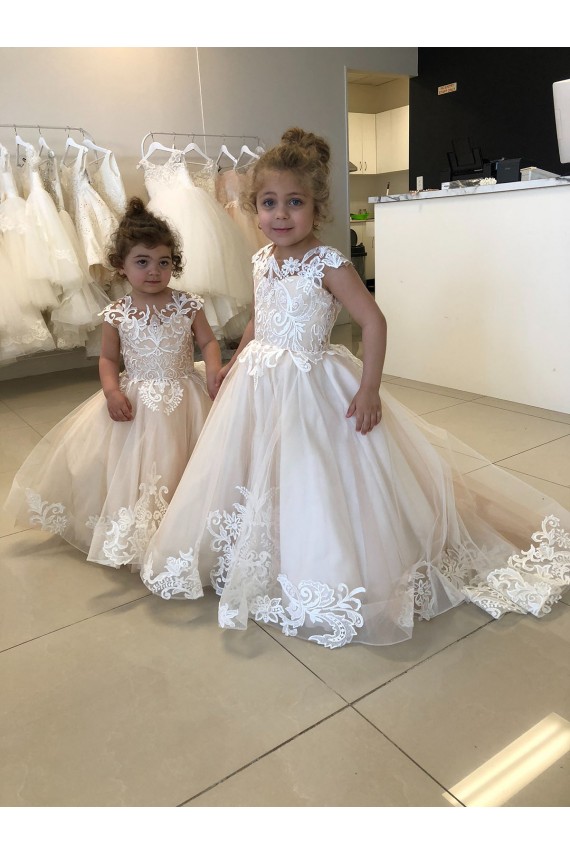 V-Back Ivory Ball Gown Bateau Neck Chapel Train Little Flower Girl Dress Bolton