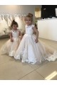 V-Back Ivory Ball Gown Bateau Neck Chapel Train Little Flower Girl Dress Bolton
