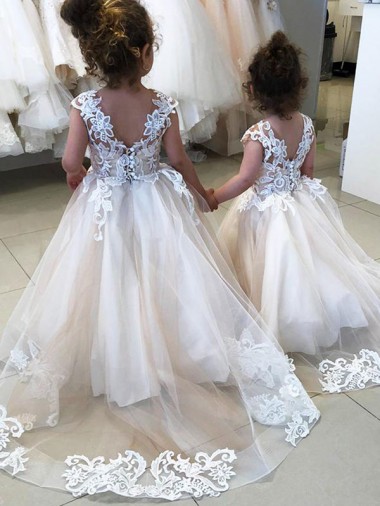 V-Back Ivory Ball Gown Bateau Neck Chapel Train Little Flower Girl Dress Bolton