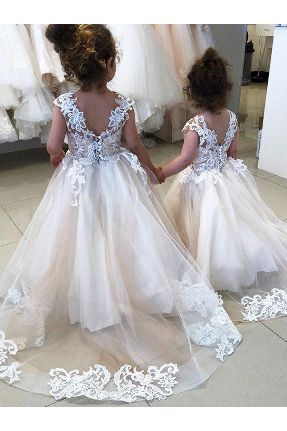 V-Back Ivory Ball Gown Bateau Neck Chapel Train Little Flower Girl Dress Bolton