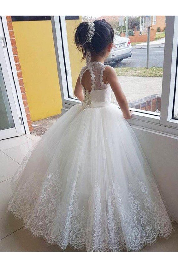 Keyhole Back Ivory Ball Gown High Neck Long Flower Girl Dress for Wedding Bolton