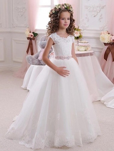 Keyhole Back Ivory Ball Gowns High Neck Long Flower Girl Dress Bolton