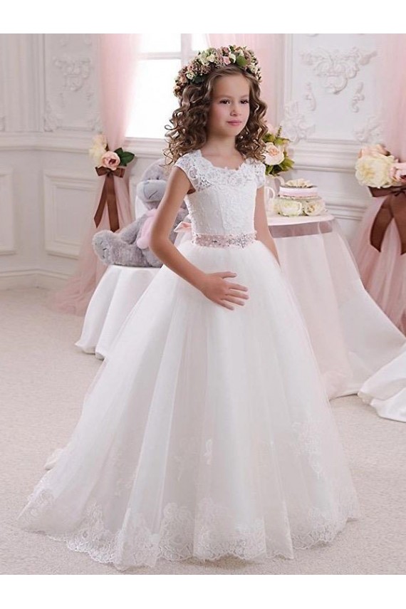 Keyhole Back Ivory Ball Gowns High Neck Long Flower Girl Dress Bolton