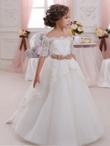 Keyhole Back Ivory Ball Gown High Neck Long Flower Girl Dresses Bolton