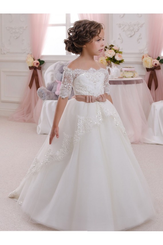Keyhole Back Ivory Ball Gown High Neck Long Flower Girl Dresses Bolton