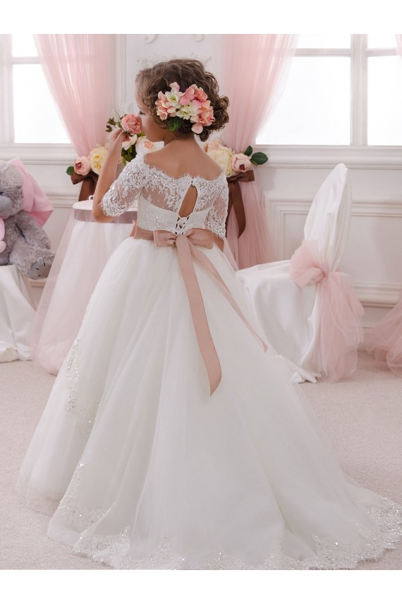 Keyhole Back Ivory Ball Gown High Neck Long Flower Girl Dresses Bolton