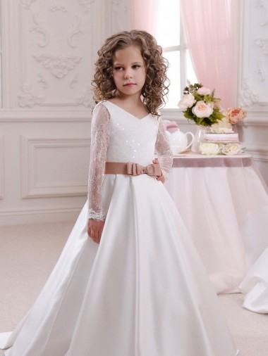 Ivory Ball Gown V-Neck Chapel Train Flower Girl Dress Bolton