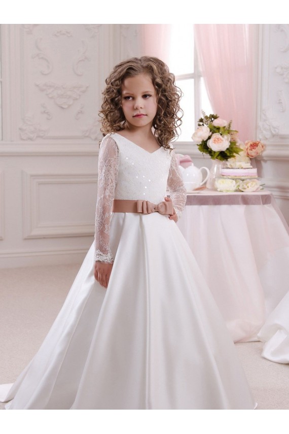 Ivory Ball Gown V-Neck Chapel Train Flower Girl Dress Bolton