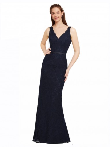 Open Back Dark Navy Sheath V-Neck Long Bridesmaid Dress Bolton