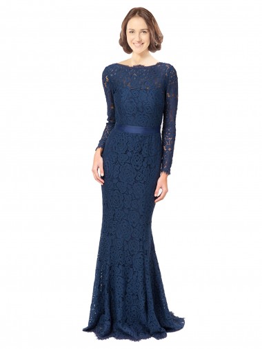V-Back Dark Navy Mermaid, Sheath Jewel Neck Sweep Train Bridesmaid Dress Bolton