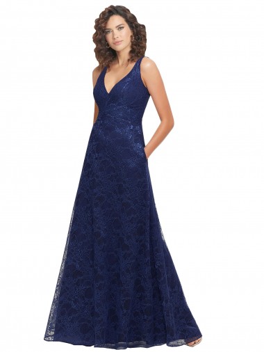 Low Back Dark Navy A-Line V-Neck Long Bridesmaid Dress Bolton