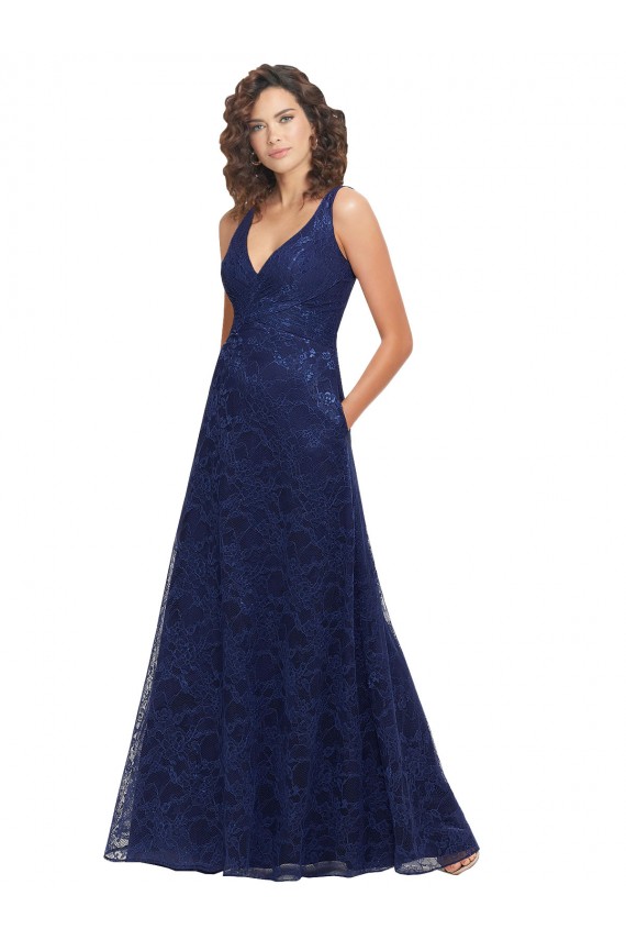 Low Back Dark Navy A-Line V-Neck Long Bridesmaid Dress Bolton