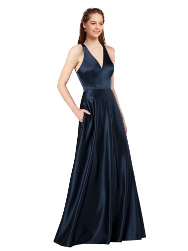 Keyhole Back Dark Navy A-Line V-Neck Long Formal Evening Gown / Prom Dress / Bridesmaid Dress Bolton